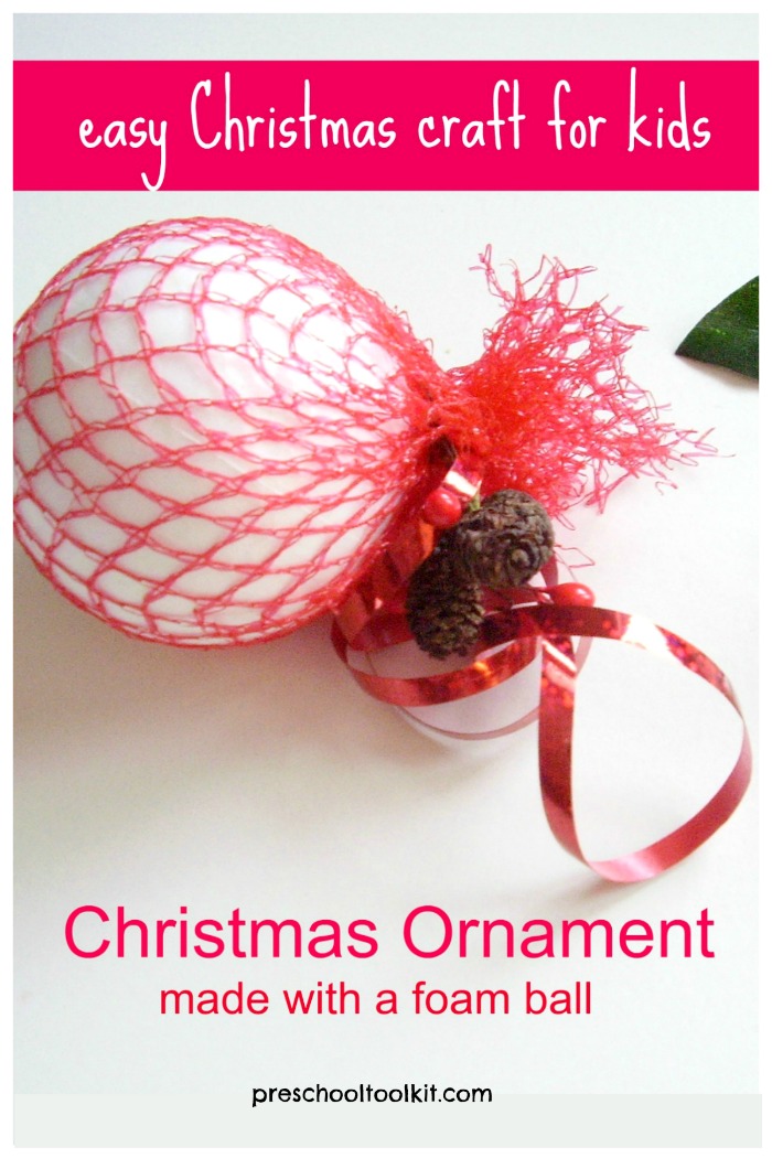 preschool christmas craft with foam ball and mesh