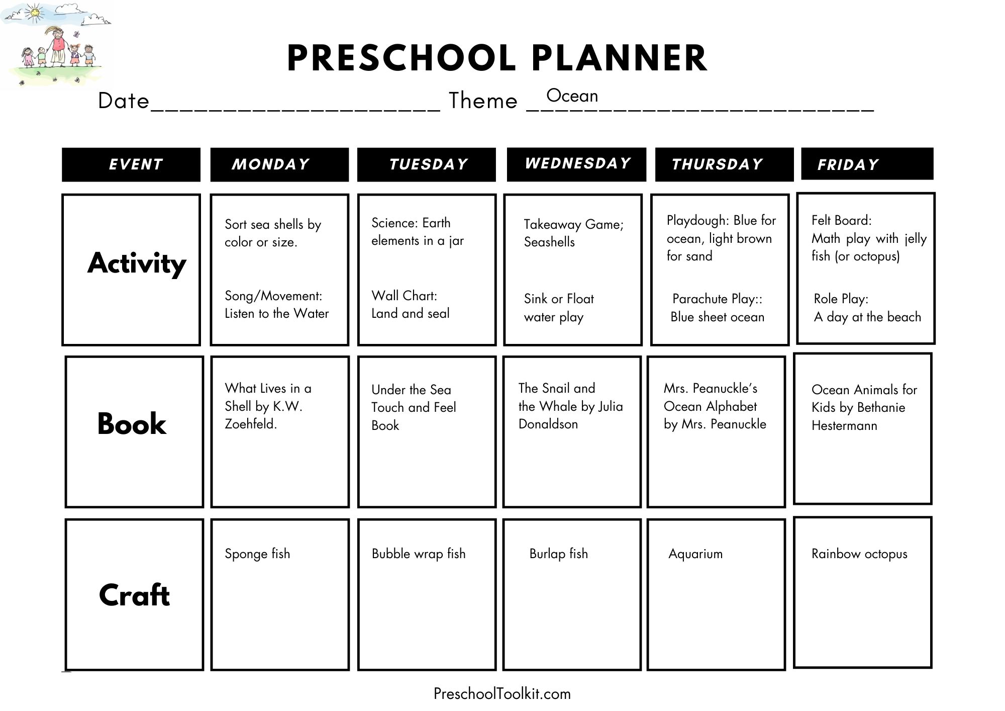 preschool activities weekly planner ocean theme