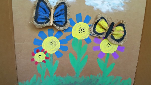 Butterfly string puppets kids activity in a homemade theater