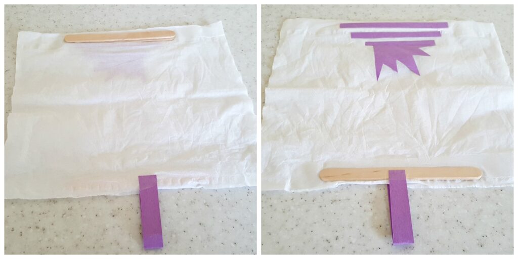 glue a craft stick to a tissue to make a curtain for the small world theater