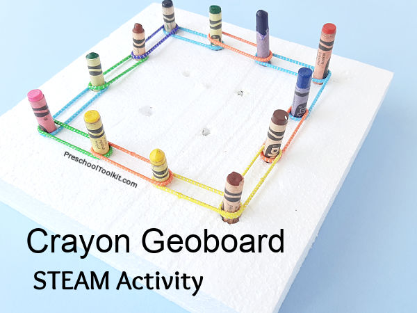 kids science with a geoboard made with crayons