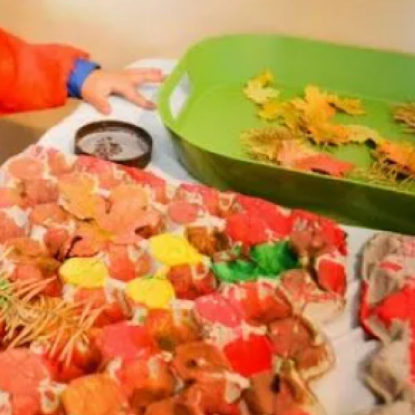 nature collage with leaves and egg carton