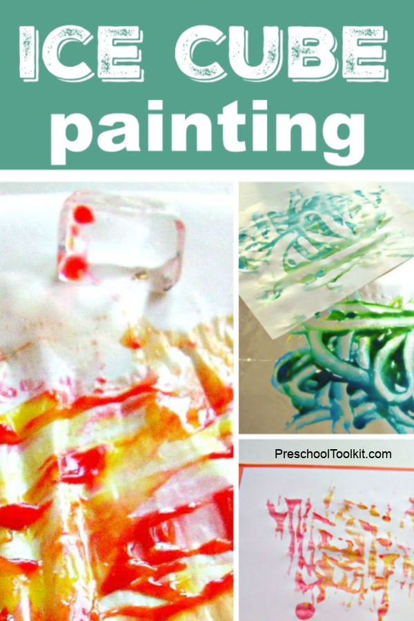 preschool painting with ice cubes for winter theme