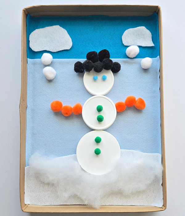 jar lid snowman with pompom arms craft for kids